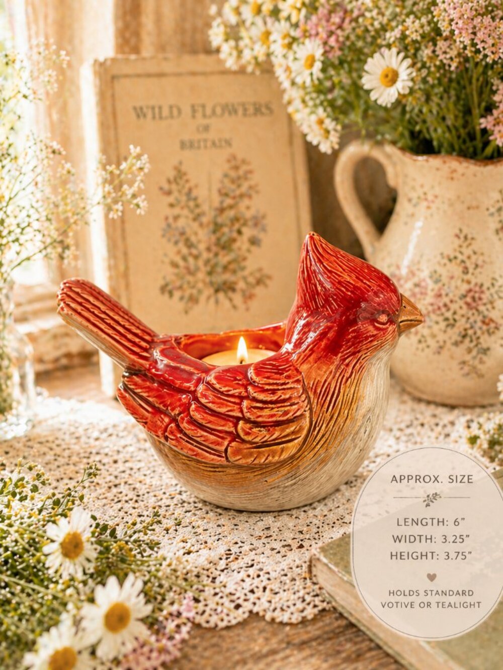 Red Cardinal Ceramic Votive Holder 6” | Bird Candle Holder | Cozy Cottagecore De